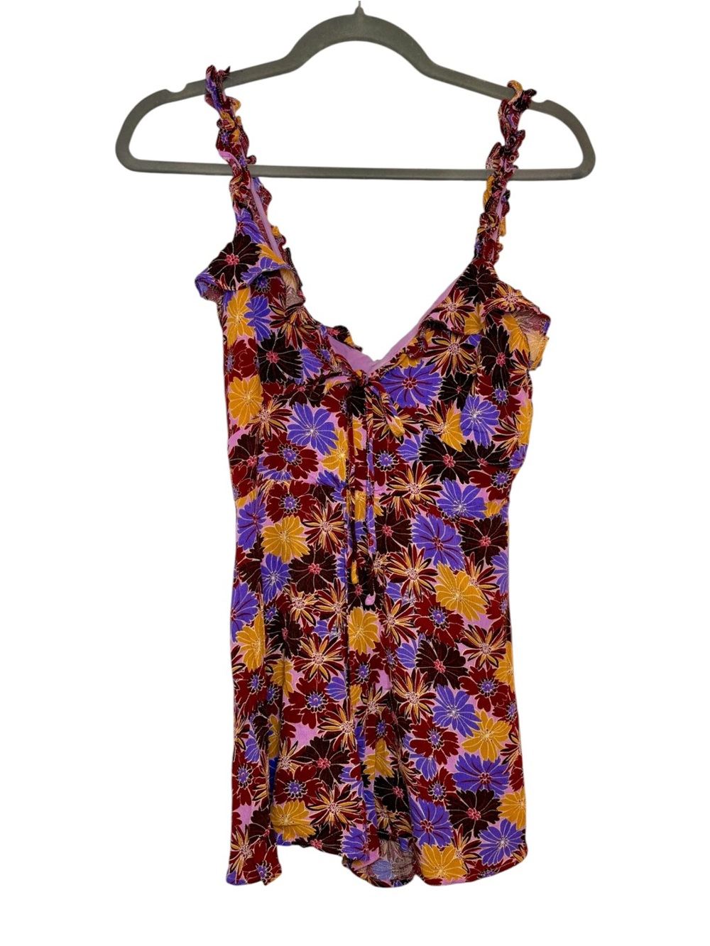 Lush Purple Yellow Floral Ruffle Strap Romper Boho Festival Medium